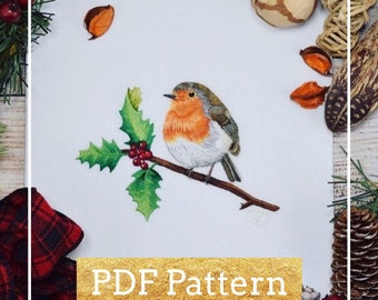 Hand embroidery pattern of a Robin. PDF Pattern of a Robin needle painting. Silk Shading or Needle Painting Embroidery. Instant download