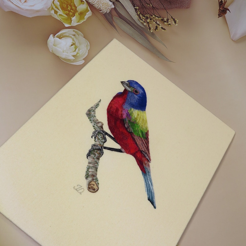 Hand Embroidery PDF pattern of a Painted Bunting Bird, instant download. image 6