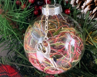 Silver embroidery Christmas ornament with recycled floss, Silver scissors charm ornament