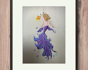Mermaid needle painting, hand embroidered artwork, mermaid
