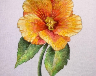 Hand Embroidered Hibiscus: Silk Shaded Needle Painting Artwork