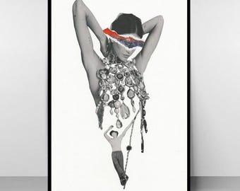 Out of Your Reach – Contemporary women's fashion collage art print, signed wall poster