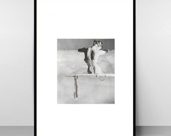 Suspended Handcrafter – Contemporary black and white fashion collage art print, signed wall poster