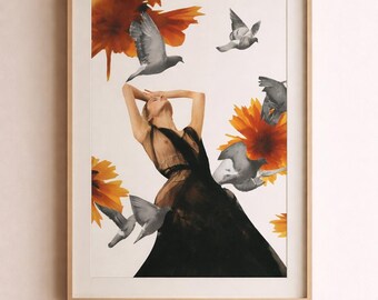 Sovereign Surrender – Contemporary feminine floral collage art print, signed wall decoration