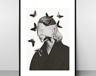 Winged Glance – Contemporary black and white female collage art print, signed wall decoration