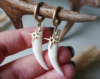 Elegance Red Fox Fang Earrings, canine tooth earring, tooth earring, fang jewelry, bone earring, canine jewelry, fox canine tooth earring