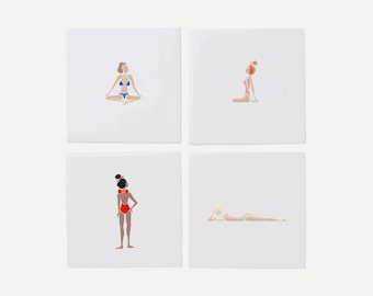 Hand Painted Ceramic Tiles Coaster Set, Sunbathing Girls Pampelonne Beach Design 2