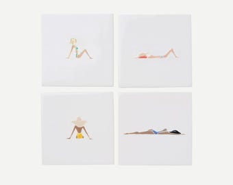 Hand Painted Ceramic Tiles Coaster Set, Sunbathing Girls Pampelonne Beach Design