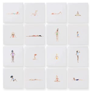 May include: A digital illustration of 12 women in various poses on a white background. The women are wearing different colored swimsuits and some are wearing hats.