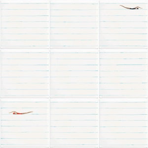Può includere: Opera d'arte a nove riquadri con sfondo bianco e linee orizzontali azzurre, simili a carta a righe. Due riquadri raffigurano nuotatori, uno in nero e uno in rosso, aggiungendo movimento al design minimalista.