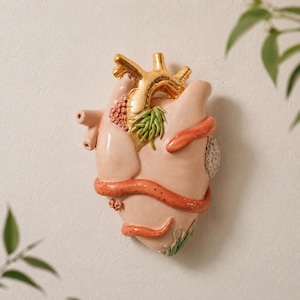 Anatomical Heart Wall Sculpture: Ceramic Snake & 24k Gold Luster