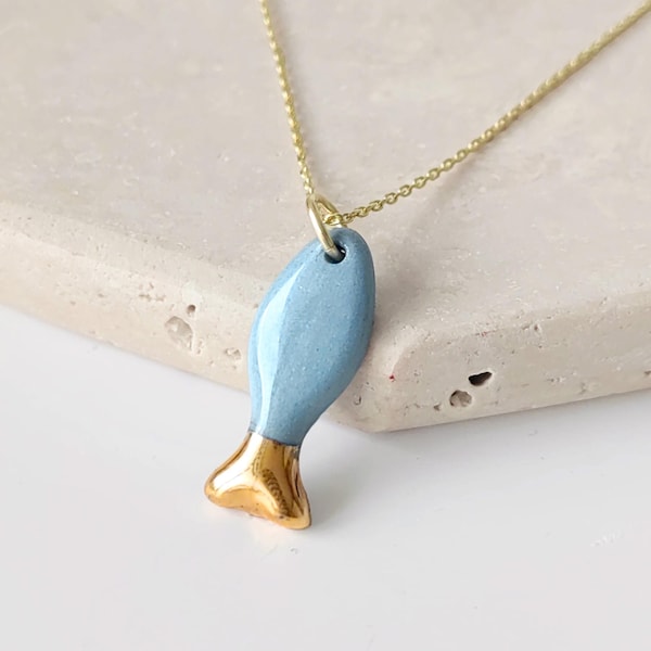 Handmade Minimalist Blue Porcelain Fish Necklace With 24k Gold Luster