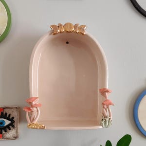 PRE ORDER Peach Mushrooms Ceramic Altar, Gold Moon Phase Ceramic Shrine, Ceramic Wall Shelf, Mystic Decor, Bohemian Friend Gift