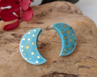 Gold Moon Earrings, Porcelain Ear Studs, Mothers Day Gift, Porcelain Earrings, Turquoise Moon Earrings,  Real Gold, Gift For Mom, Gold Dots