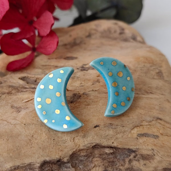 Boucles d'oreilles lune en or, clous d'oreilles en porcelaine, cadeau fête des mères, boucles d'oreilles en porcelaine, boucles d'oreilles lune turquoise, or véritable, cadeau pour maman, pois dorés