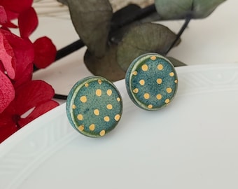 Gold Porcelain Earrings, Mothers Day Gift, Porcelain Studs, Handmade Earrings, Gift for Her, Real Gold Luster, Green Earrings, Mom Gift