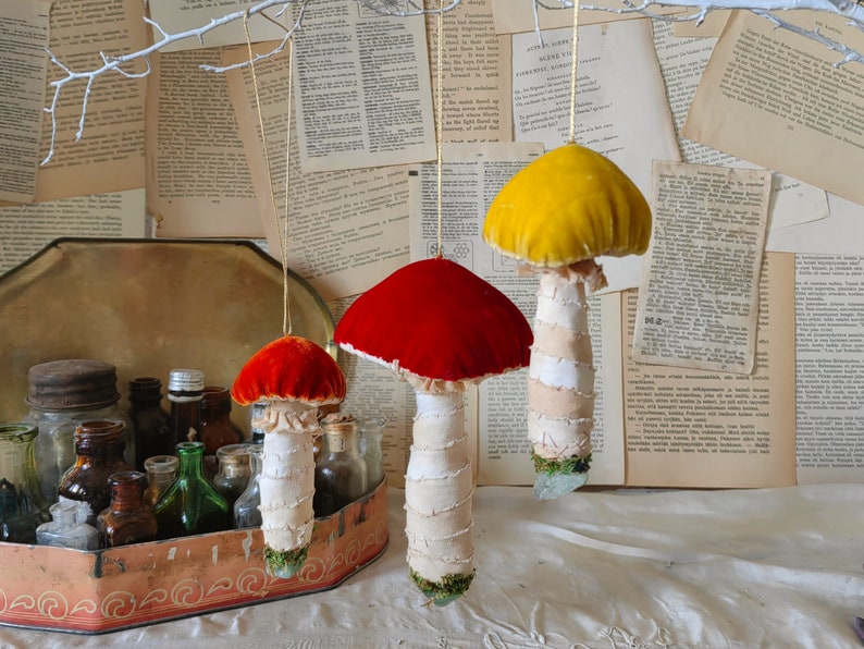 Set of 3 Colorful Mushroom Ornaments, Fairytale Decor, Mushroom Decor, Mothers Day Gift, Tree Decoration, Crystal Healing, Quartz Decor image 1