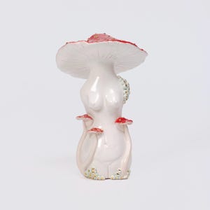Handmade Ceramic Mushroom Goddess Statue: 22k Gold Luster Decor