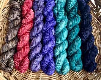 Spring Jewels mini set bundle hand dyed mini skein set  sock yarn fingering 85/15 sw Gypsysoulfibers