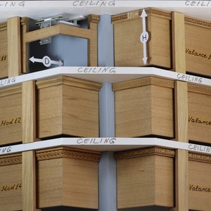 Raamvolant, kroonlijst, gordijnkast, gordijnkast - gefineerd MDF EIKEN, 6 verschillende mod.opties, plafondmontage en vele kleuren afwerkingen