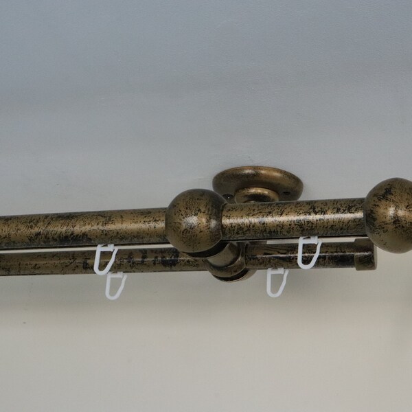 Double Curtain Rail with Different Pipes for Window with Rollers, Double Curved Ceiling Brackets and Bell Ends