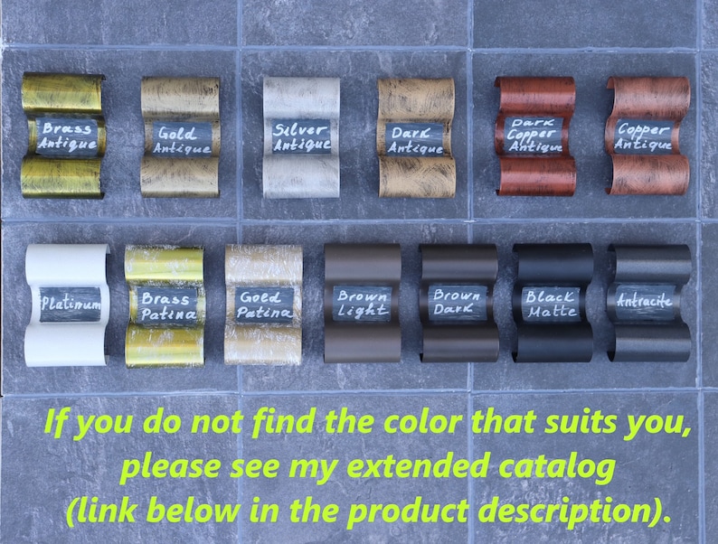 May include: A sample chart of 12 different metal finishes for a product. The finishes include Brass Antique, Gold Antique, Silver Antique, Dark Antique, Copper Antique, Platinum, Brass Patina, Gold Patina, Brown Light, Brown Dark, Black Matte, and Anthracite.