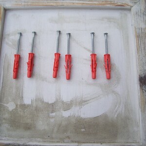 May include: Six red plastic wall anchors with silver screws. The anchors are designed to be used with drywall.