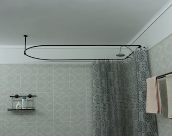Semi Oval & Square Shaped 360 degrees Shower Curtain Rod for Bathroom with 1x Front Ceiling Bracket and 2x Back Wall Brackets at Custom Size