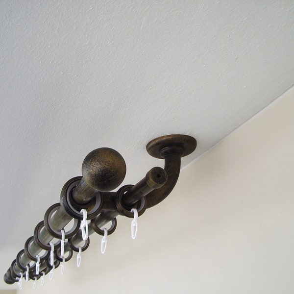 Double Curtain Rod with Different Pipes for Window with Steel Rings and Hooks, Double Curved Ceiling Brackets and Ball Ends