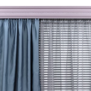 May include: A window with a set of blue curtains and a set of white blinds. The window is topped with a decorative purple molding.