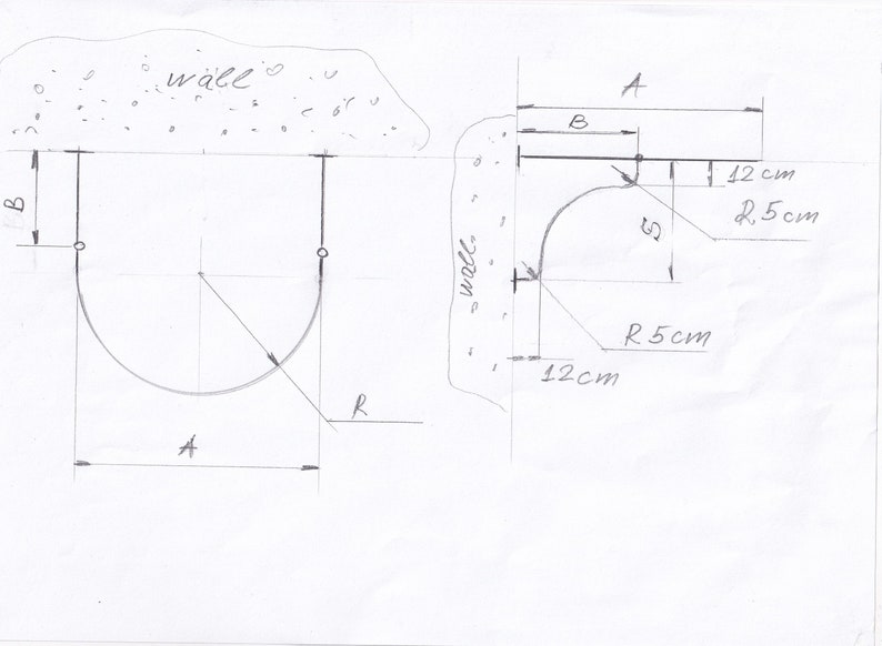 May include: A hand-drawn diagram showing two different ways to create a curved wall opening. The first shows a curved opening with a radius of 5 cm and a width of 12 cm. The second shows a curved opening with a radius of 5 cm and a width of 12 cm.