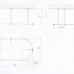 May include: A black and white line drawing of an oval-shaped table with dimensions labeled A, B, and R. The table is 12 inches long and 12 inches wide.