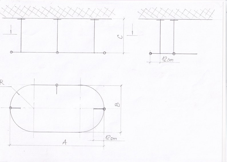 May include: A black and white line drawing of an oval-shaped table with dimensions labeled A, B, and R. The table is 12 inches long and 12 inches wide.