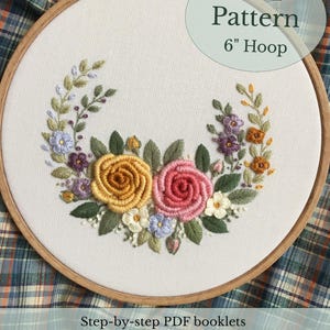 PDF Pattern for a 6-Inch Hoop – 3D Embroidery Wreath with Roses and Cute Flowers | Detailed Instructions in 5 PDFs + YouTube Video Tutorials