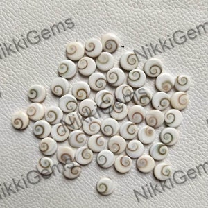 Może przedstawiać: Kolekcja około 50 białych, okrągłych, płaskich, wypolerowanych, naturalnych kaboszonów muszlowych ze spiralnym wzorem. Kaboszony mają średnicę około 1,2 cm.