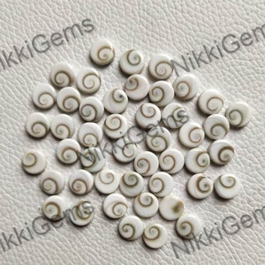 Pode incluir: Uma coleção de cabochões redondos de concha branca e marrom com um padrão em espiral. Os cabochões têm um diâmetro aproximado de 10 mm.
