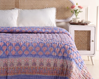 Handblock Gedruckt Baumwolle Quilt: Lila Blumen Butti Design