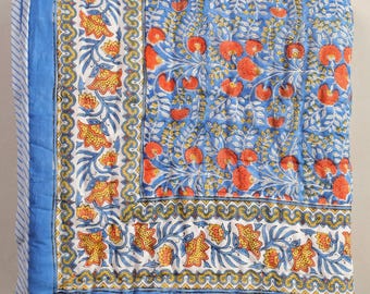 Floral Block Print Cotton Quilt: Reversible Indian Bedspread