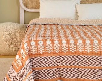 Brown Floral Hand Block Printed Cotton Quilt, Boho King Size Bedspread
