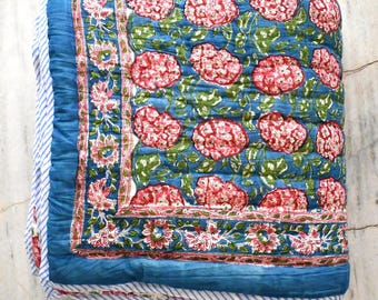 Red Floral Indian Cotton Quilt - King Size Reversible Bedspread