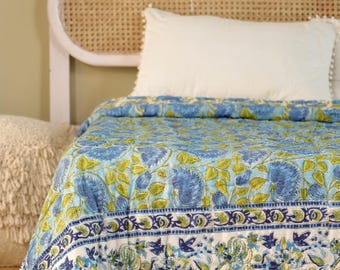 Blue Lotus Floral Quilt: King/Queen Indian Cotton Bedspread