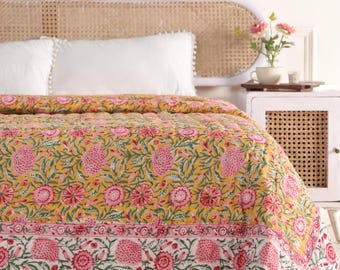 Edredón de algodón estampado a mano: colcha bohemia reversible