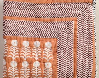 Brown Floral Cotton King Quilt: Reversible Indian Bedspread