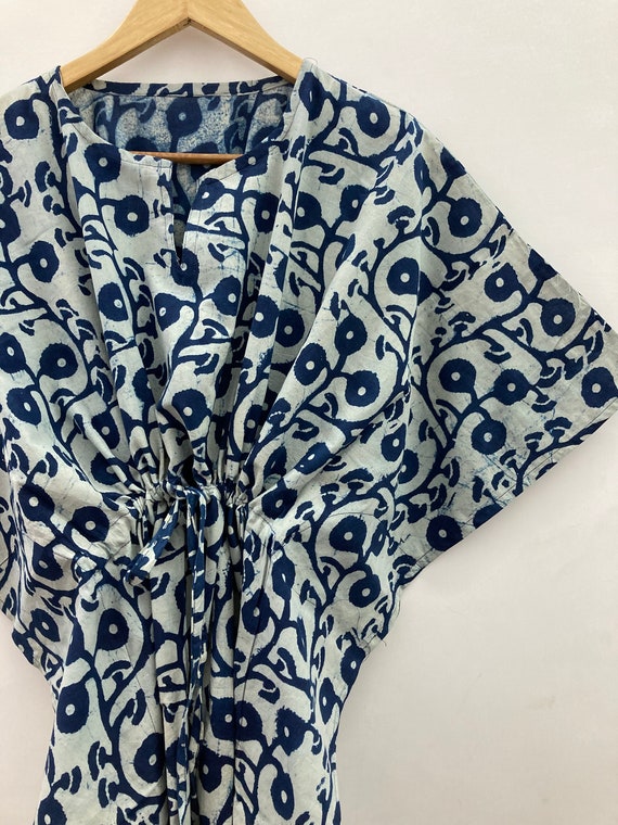 Blue Floral Indigo Hand Block Printed Kaftan Dress 100% Soft | Etsy