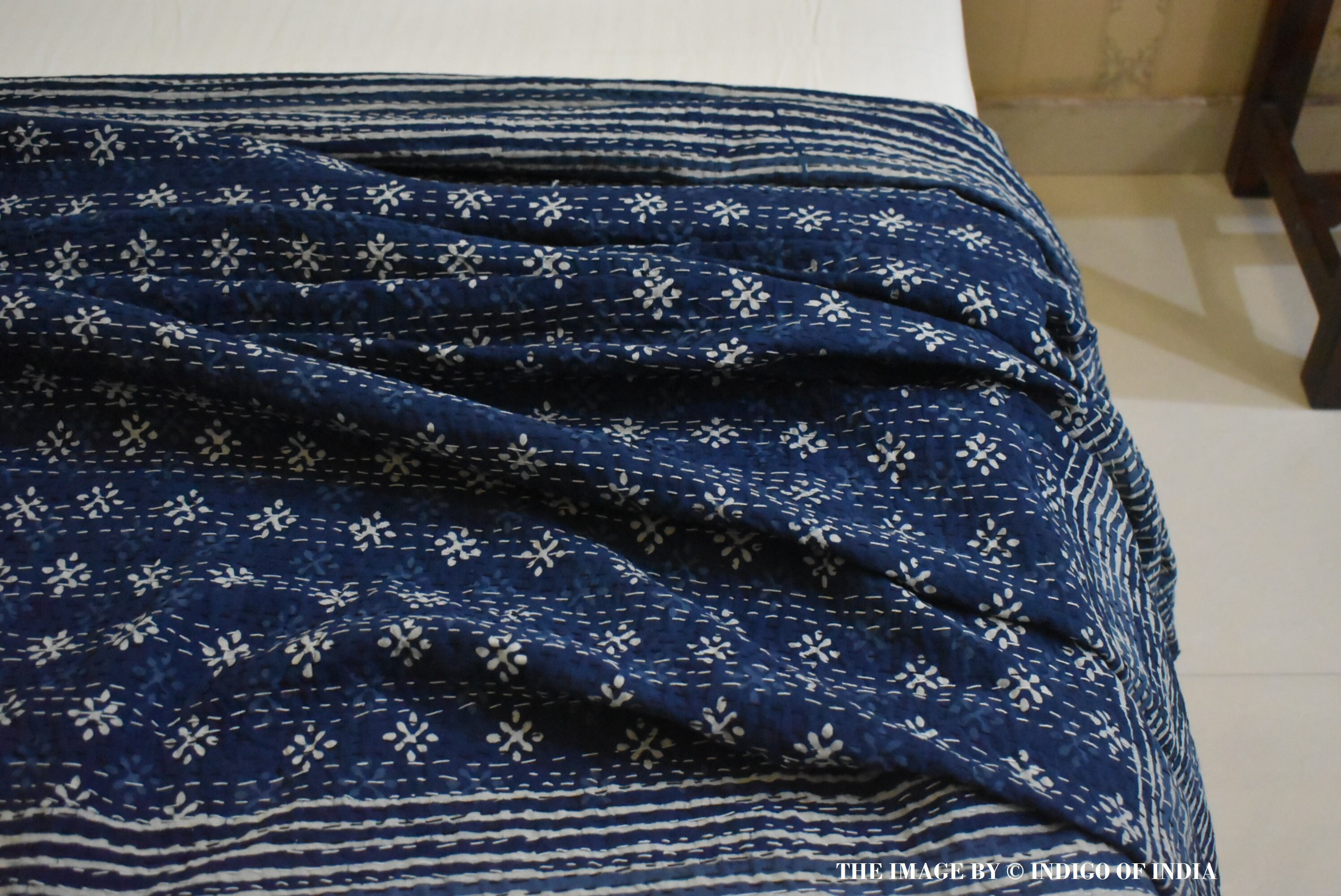 Indian Hand Block Indigo Blue & White Kantha Quilt Cotton | Etsy