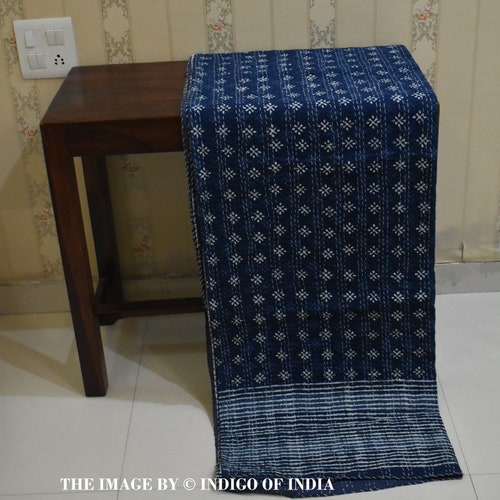 Blue Kantha Quilt King Size Hand Stitch Kantha Ajrakh Bedcover Etsy