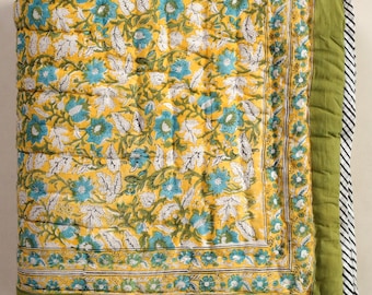 Hand Printed Yellow Floral Quilt: 100% Cotton Indian Bedspread