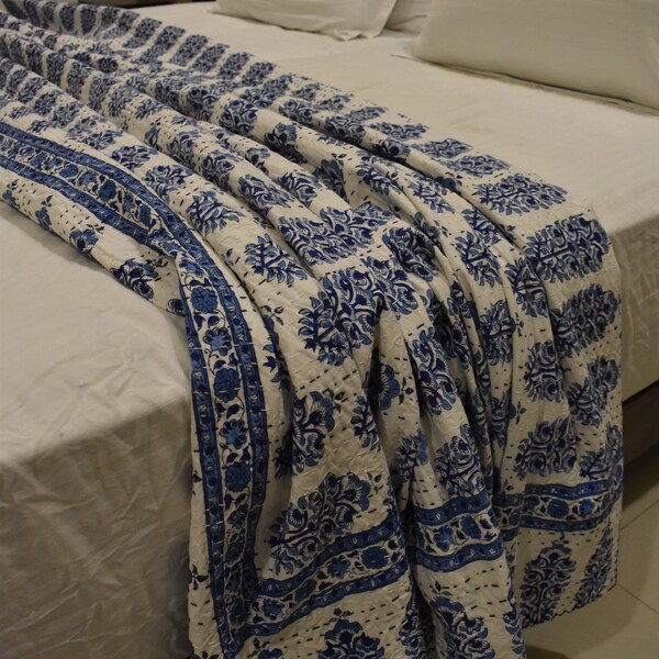 INDIGO_OF_INDIA LAUNCH NEW King Indian Hand Block Printed Cotton Kantha Quilt, Blue and White Butta Print Kantha Quilt, Cotton Bedspread