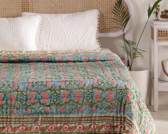 Hand Block Printed Cotton Quilt Set: Boho Lotus Reversible Bedspread