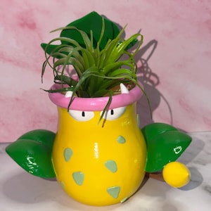 May include: A yellow planter shaped like a creature with a pink rim, white teeth, and light green spots. The planter features large green leaves on the sides and contains a green air plant with thin, spiky leaves extending from the top opening.